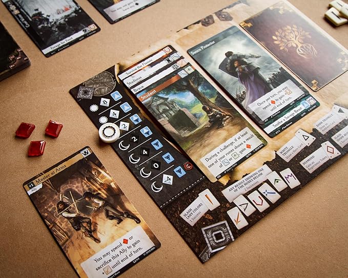 Call to Adventure board game setup featuring character cards, quest details, and tokens on a tabletop.