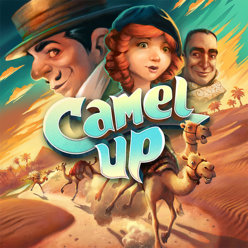 Colorful box art for Camel Up featuring camels racing through the desert, with three characters in the background.
