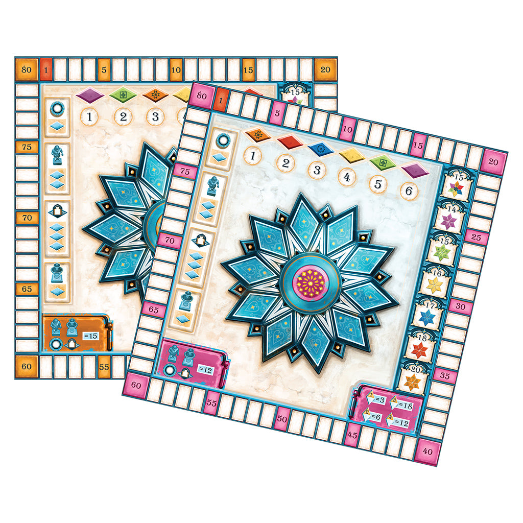 Two game boards from Azul Summer Pavilion featuring intricate floral designs and scoring tracks for strategic gameplay.