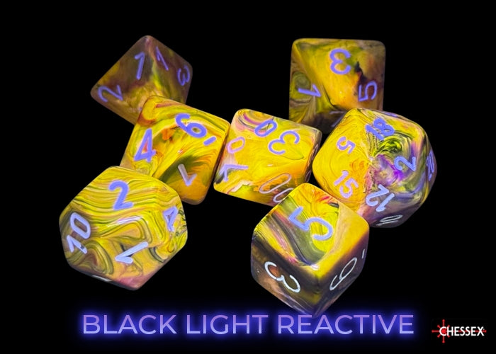 Chessex Festive Symphony/White Polyhedral 7-Dice Set featuring vibrant yellow and purple swirls, ideal for tabletop gaming.