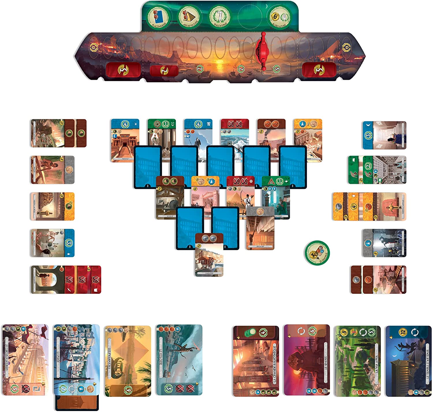 Strategic board game setup of 7 Wonders Duel, featuring cards, resources, and player boards for two players.