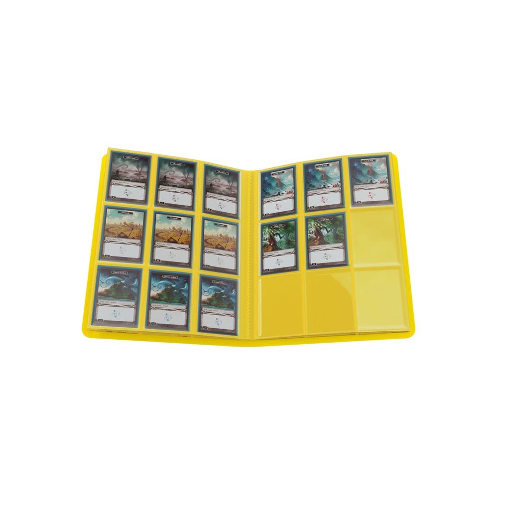 Yellow Gamegenic album open, showcasing 18 pockets filled with trading cards for organized storage and display.