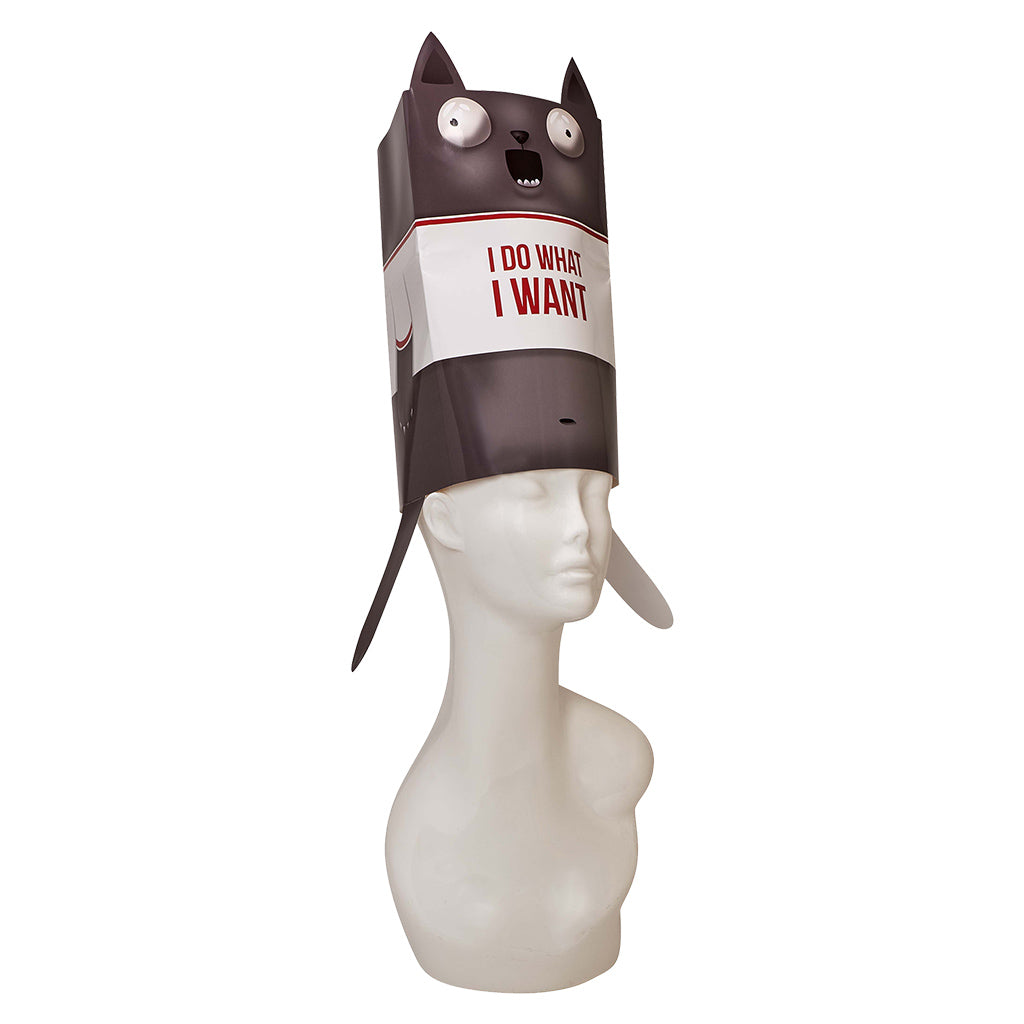 Barking Kittens expansion pack for Exploding Kittens featuring a playful cat-themed hat on a mannequin head.
