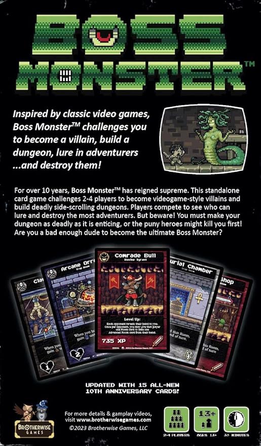 Boss Monster: 10th Anniversary Edition game box featuring dungeon-building cards and gameplay inspired by classic video games.