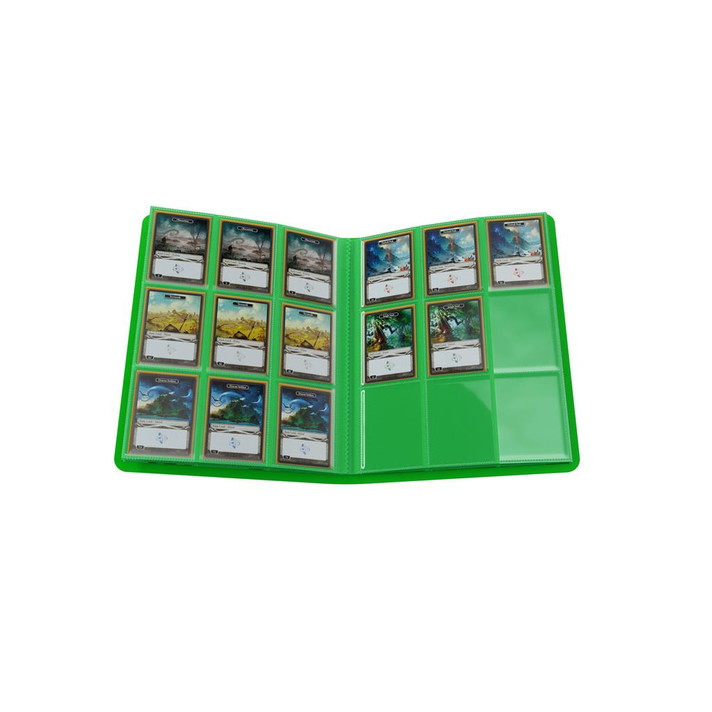 Green Gamegenic album featuring 18 pockets, displaying various trading cards organized neatly inside.