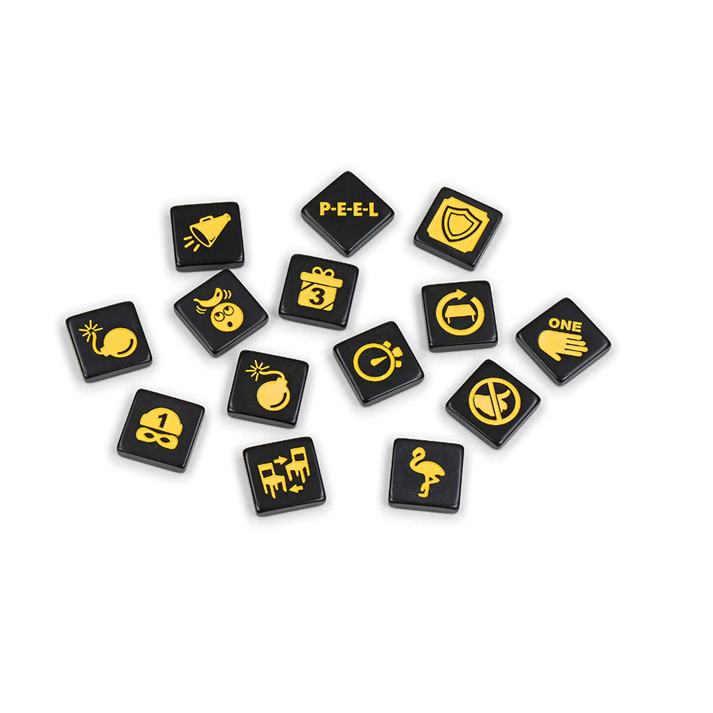 Bananagrams Party Edition tiles featuring black squares with yellow icons and letters for a fun word game.