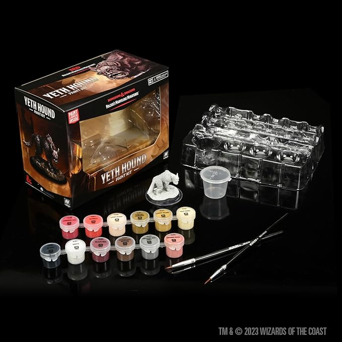 Dungeons & Dragons Yeth Hound paint kit featuring unpainted miniature, paint pots, brushes, and packaging.