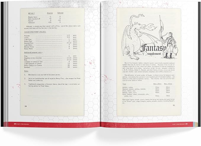 Open pages of "Dungeons & Dragons: The Making of Original Dungeons & Dragons (1970-1977)" featuring game statistics and illustrations.