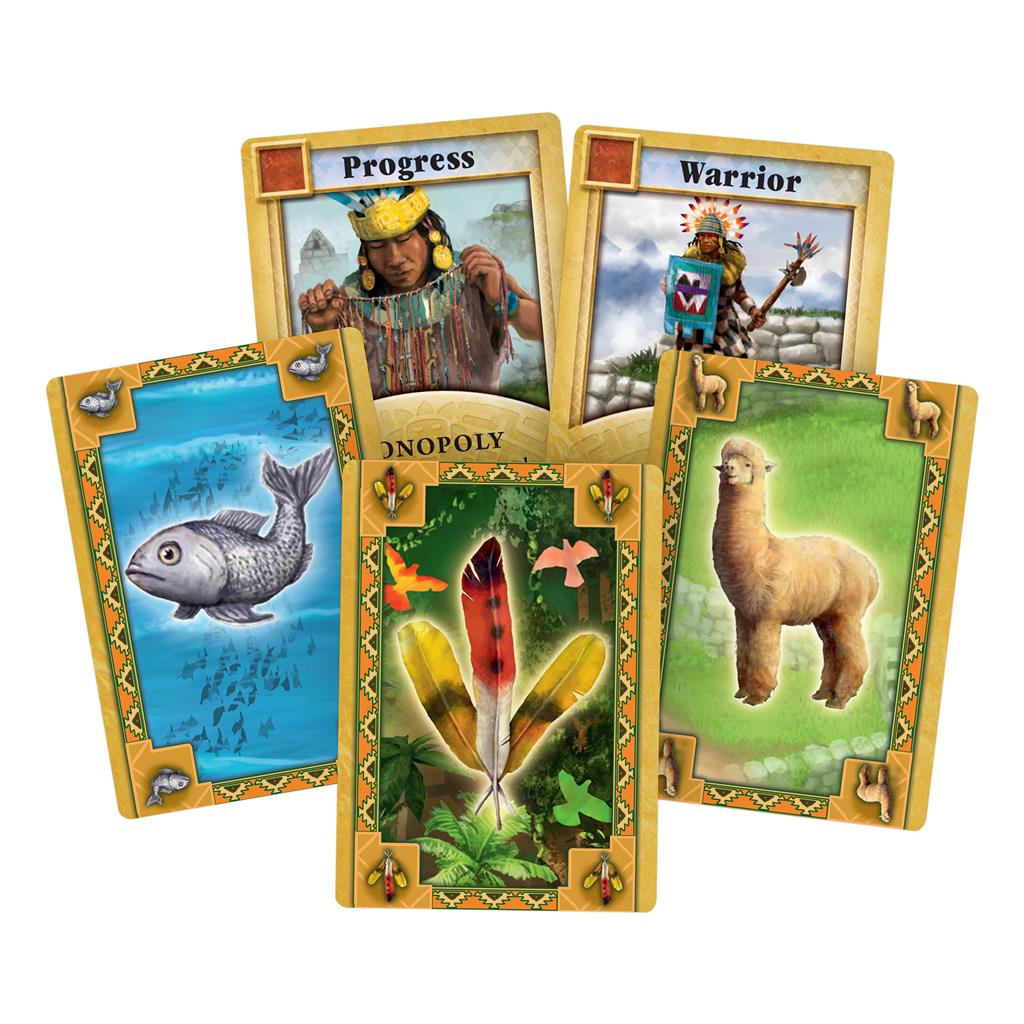 Five Catan - Rise of the Inkas game cards featuring a fish, an alpaca, a feather, a warrior, and a progress card.