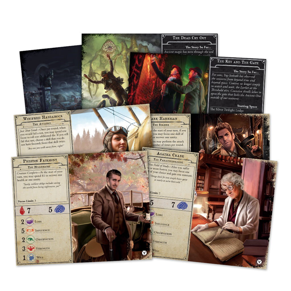 Arkham Horror: Secrets of the Order game components including character cards, story cards, and artwork.