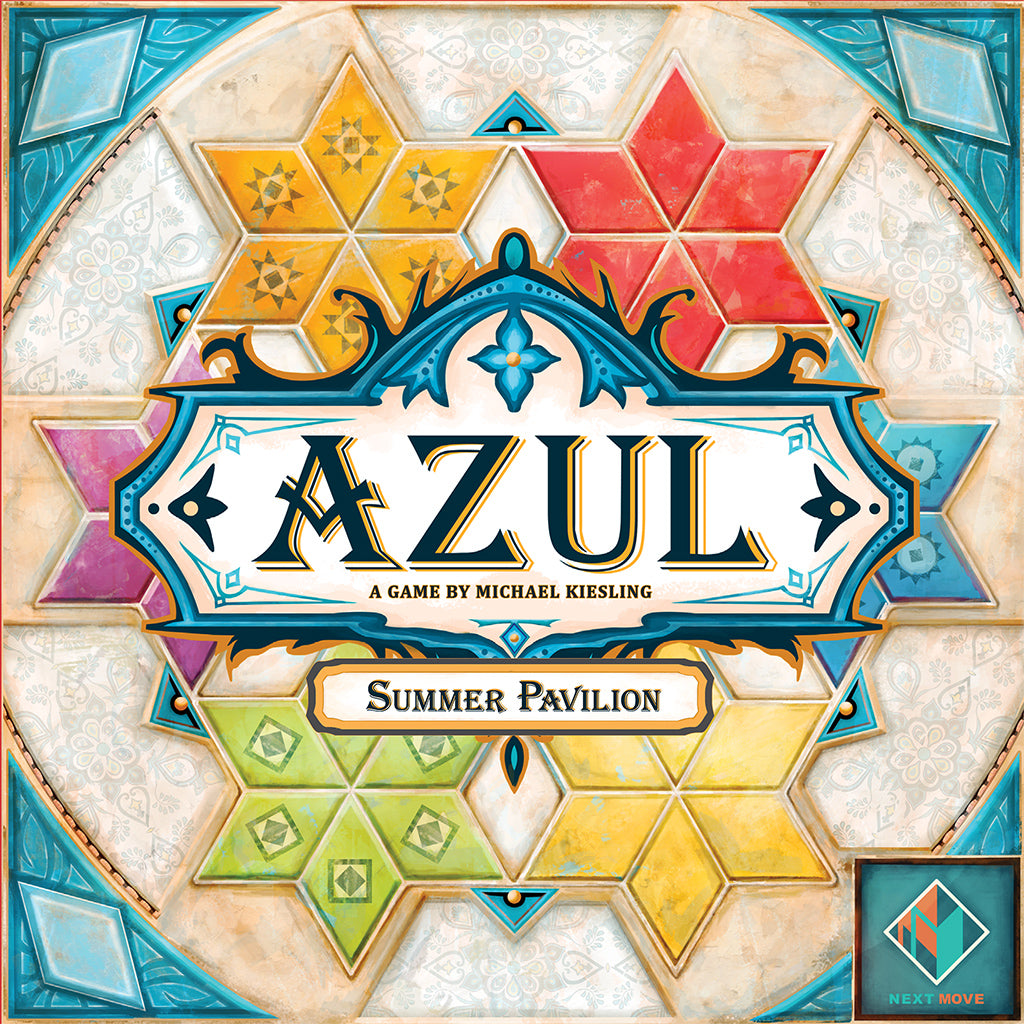 Colorful box cover of Azul Summer Pavilion featuring intricate tile patterns and the game title prominently displayed.