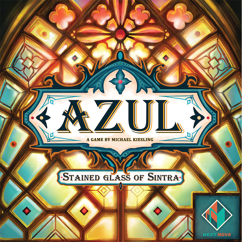 Colorful box cover of Azul: Stained Glass of Sintra featuring intricate stained glass patterns and the game title prominently displayed.
