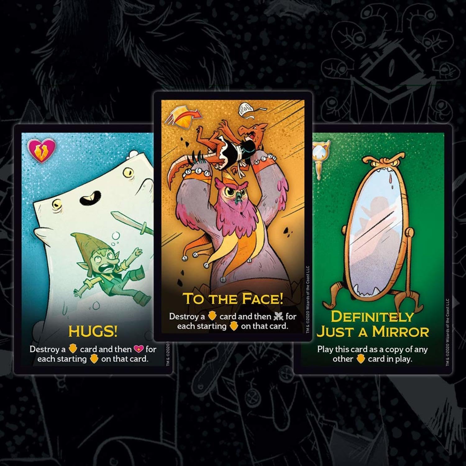 Three colorful cards from Dungeon Mayhem: Monster Madness featuring playful illustrations and unique game mechanics.