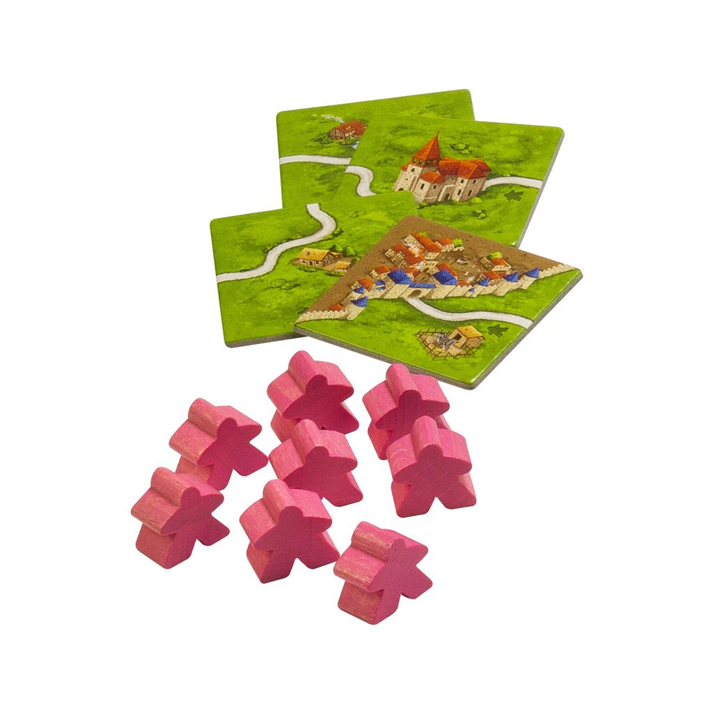Carcassonne Expansion 1: Inns and Cathedrals includes new tiles and pink meeples for enhanced gameplay.
