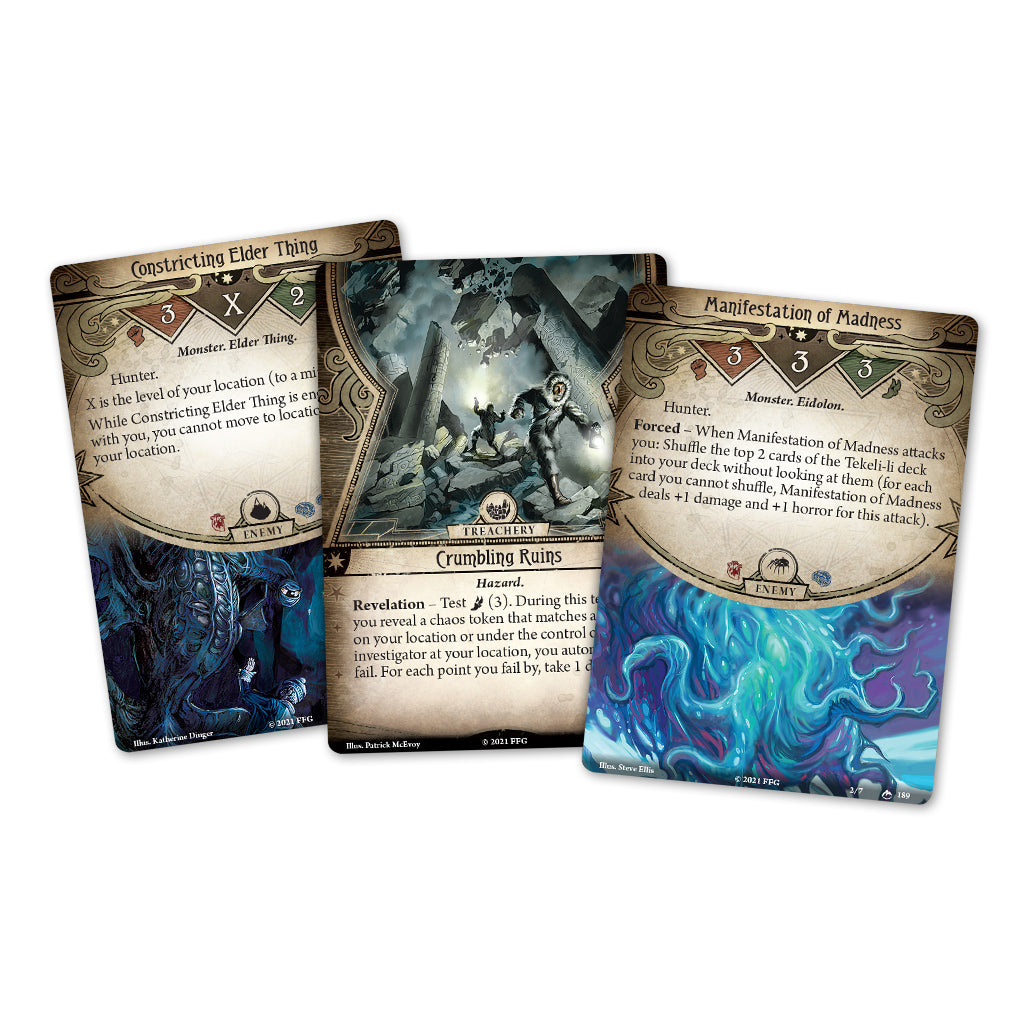 Three cards from the Arkham Horror LCG Edge of the Earth Campaign Expansion featuring enemy and location details.