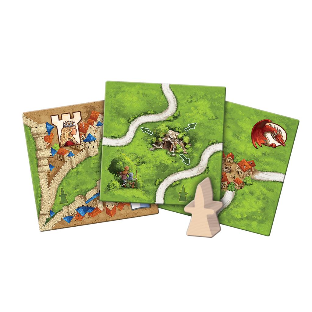 Three game tiles from Carcassonne Expansion 3: The Princess and the Dragon, featuring landscapes, a dragon, and a wooden meeple.