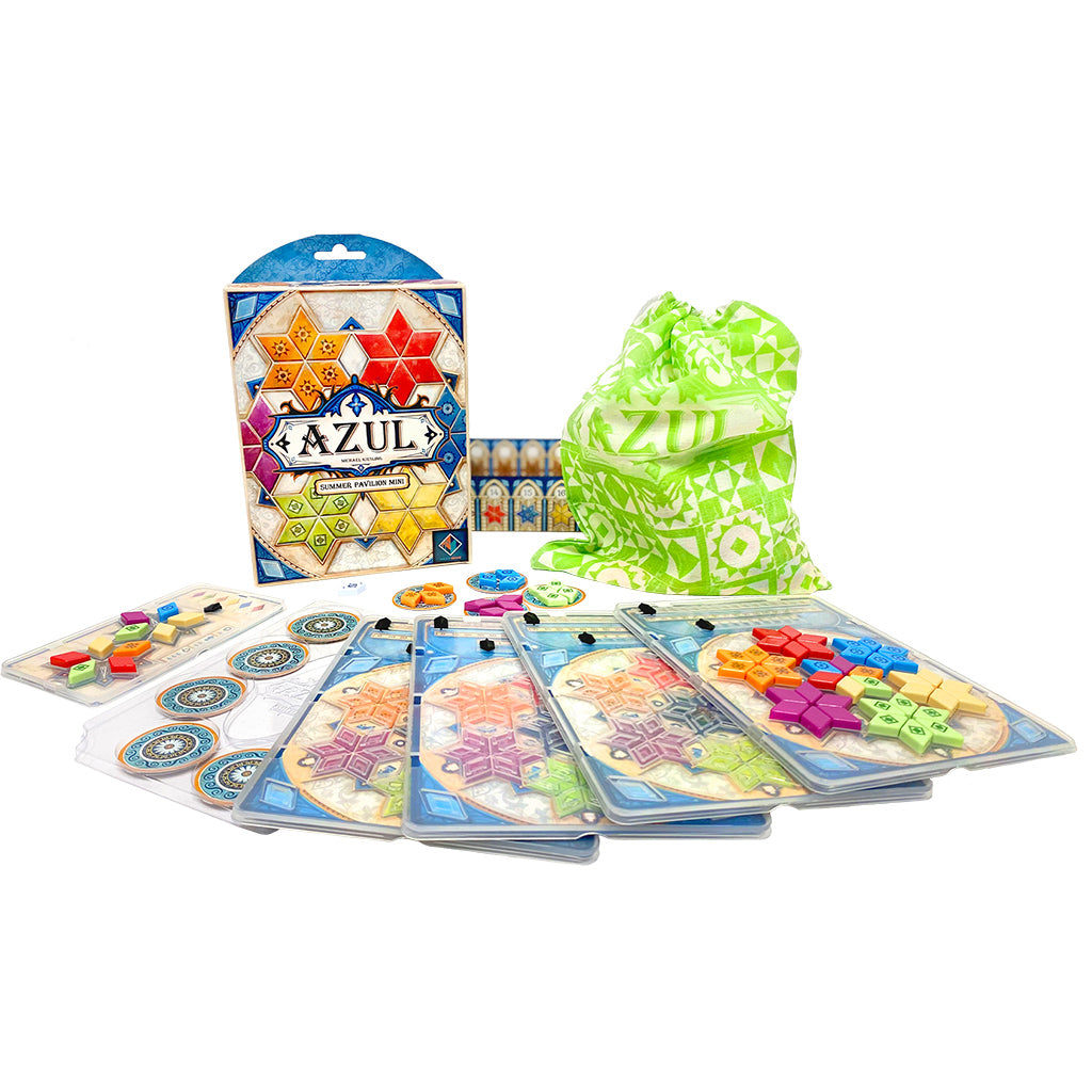 Azul Summer Pavilion Mini game set featuring colorful tiles, player boards, and a drawstring bag for storage.