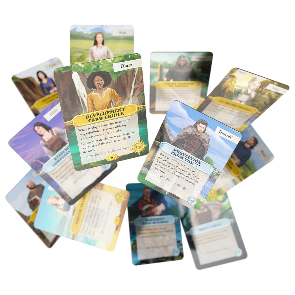 Catan - The Helpers card set featuring various character cards with unique abilities for gameplay strategy.