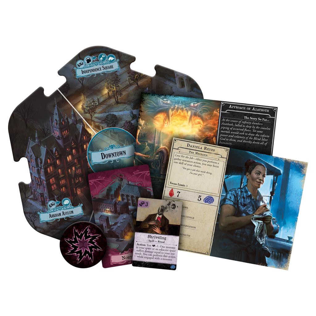 Arkham Horror Third Edition game components including map tiles, character cards, and tokens set in a dark, mysterious theme.