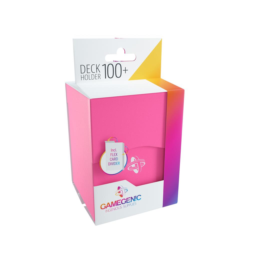 Gamegenic Deck Holder 100+ in pink packaging, designed for card storage with a flex card divider included.