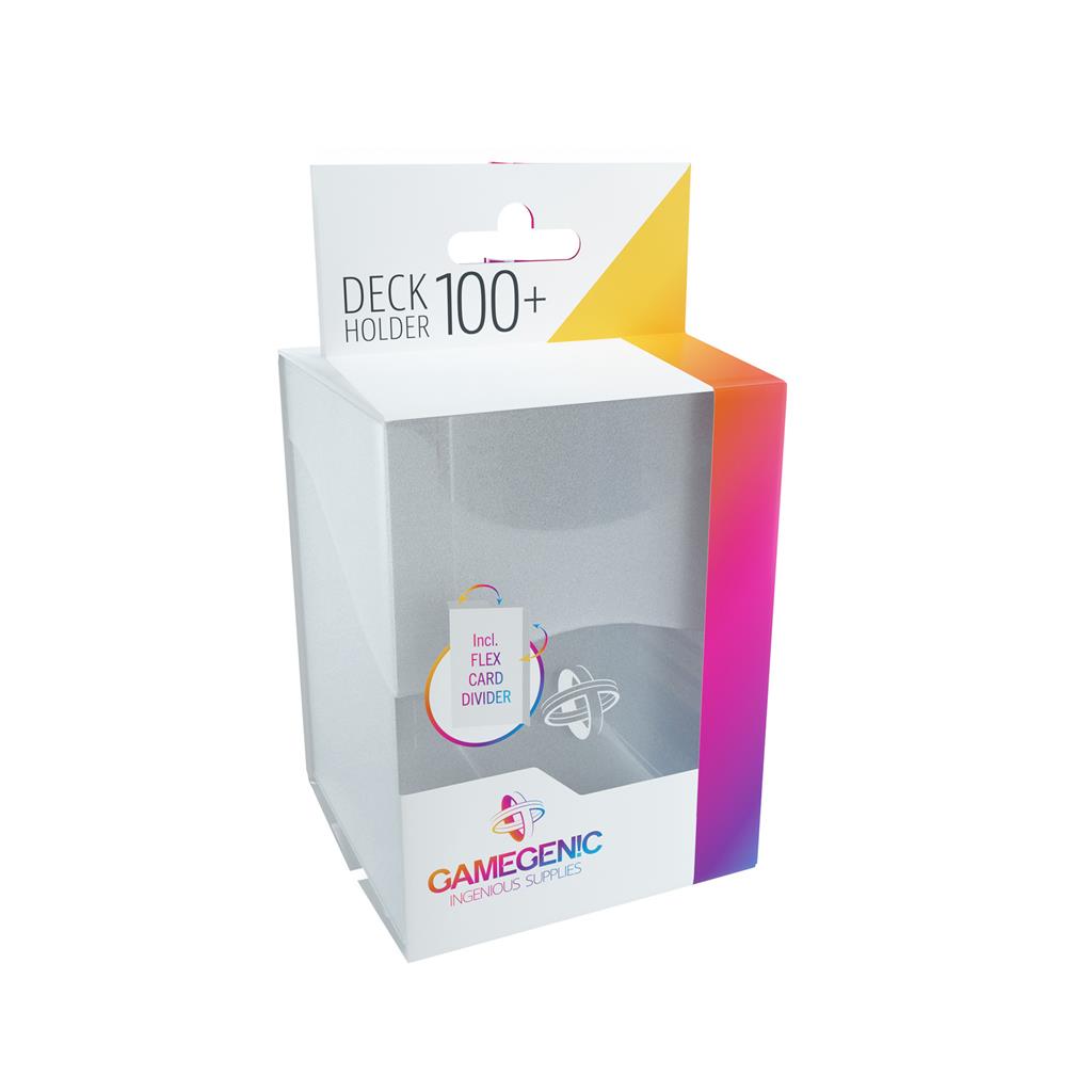 Clear Gamegenic Deck Holder 100+ packaging showcasing a card holder with a flex card divider for organizing trading cards.
