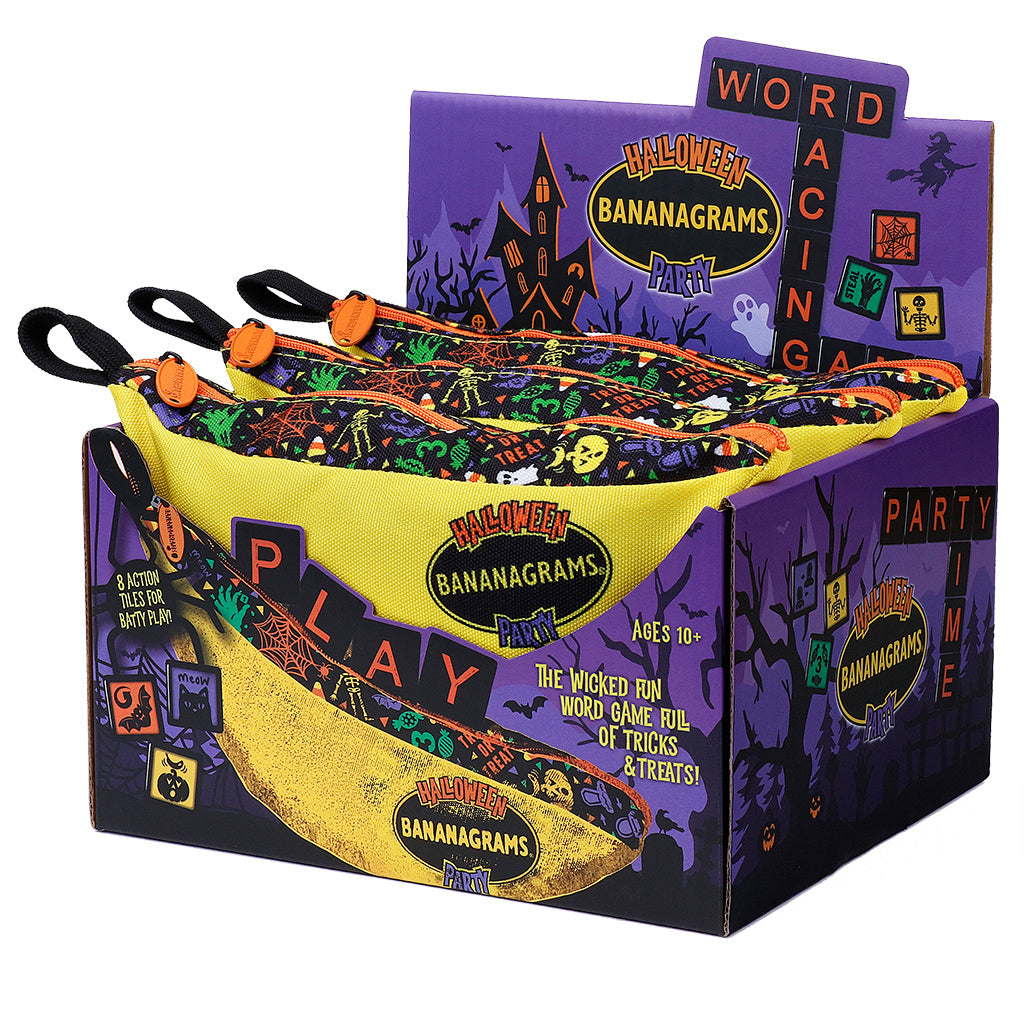 Bananagrams Halloween Party game box featuring vibrant Halloween-themed design and word game accessories.