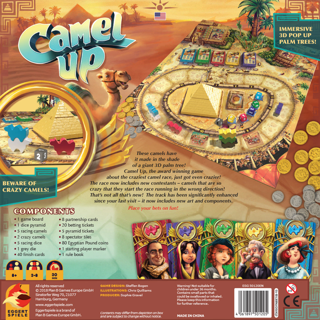 Colorful game box for Camel Up featuring a vibrant board, camel tokens, and game components, set against a desert backdrop.