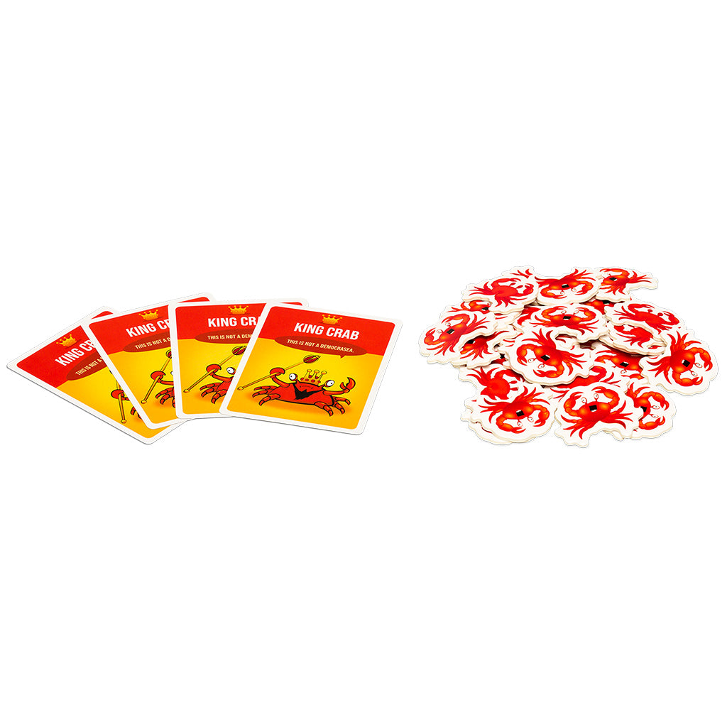 Colorful game cards and crab-shaped tokens from the board game "I'm a Little Crabby," designed for fun gameplay.