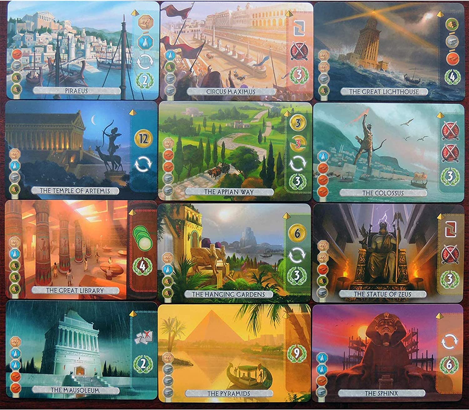 Cards from the 7 Wonders Duel game showcasing ancient wonders like the Colossus and the Great Library.