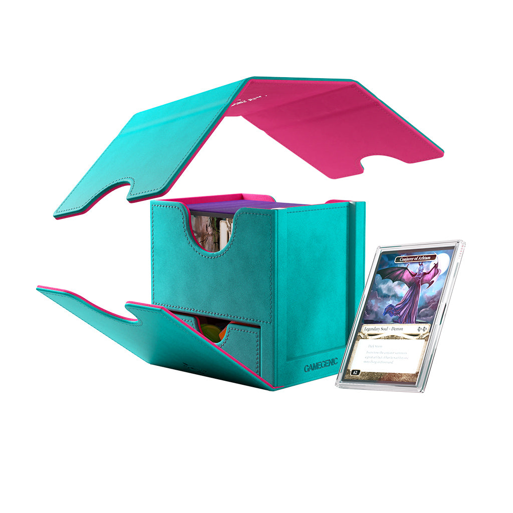Teal and pink Gamegenic Sidekick Pro 100+ XL Convertible card storage box with a trading card displayed beside it.