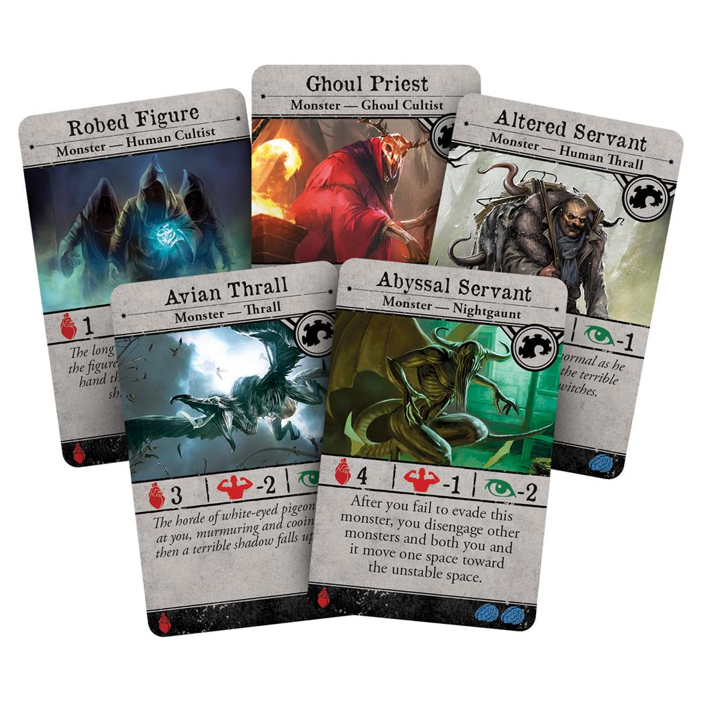 Five Arkham Horror Third Edition game cards featuring various monsters: Robed Figure, Ghoul Priest, Altered Servant, Abyssal Servant, and Avian Thrall.