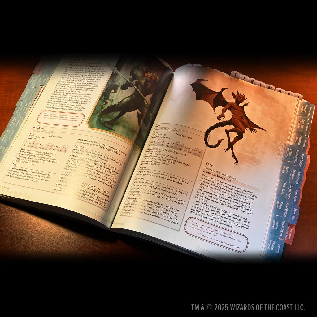 Open Dungeons & Dragons 2024 Monster Manual featuring colorful book tabs and illustrations of various monsters.