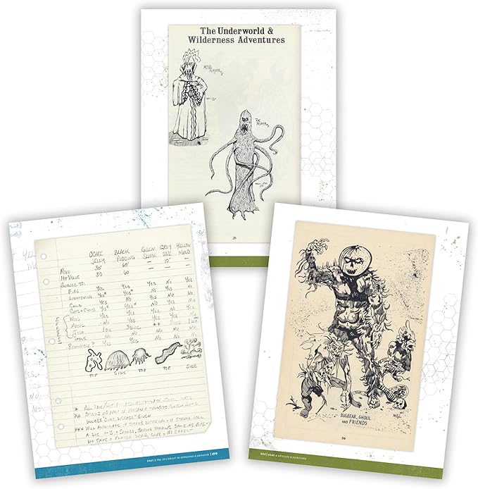 Three pages from "The Making of Original Dungeons & Dragons" featuring sketches, notes, and adventure details from 1970-1977.
