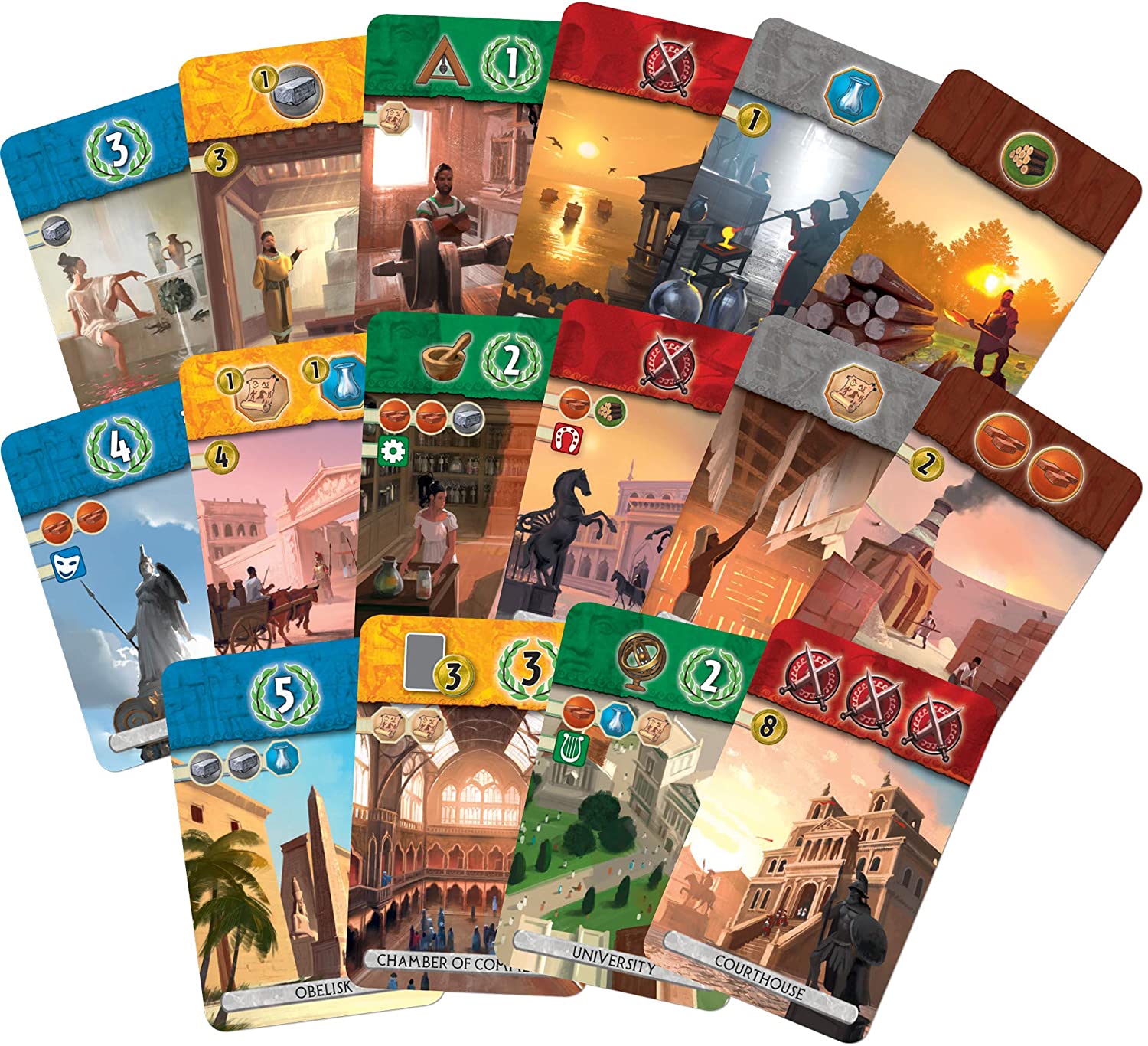 A collection of cards from the board game 7 Wonders Duel, featuring various buildings, resources, and military icons.
