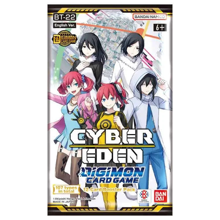 Digimon TCG Cyber Eden Booster Box BT22 featuring characters from the game, designed for ages 6 and up. Preorder available.