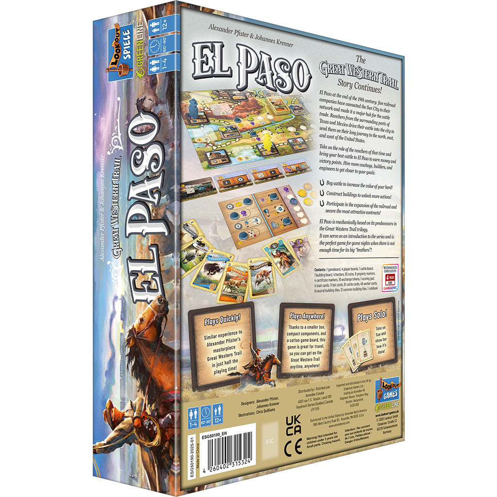 Box cover of Great Western Trail: El Paso featuring game components, artwork, and back details about gameplay and story.