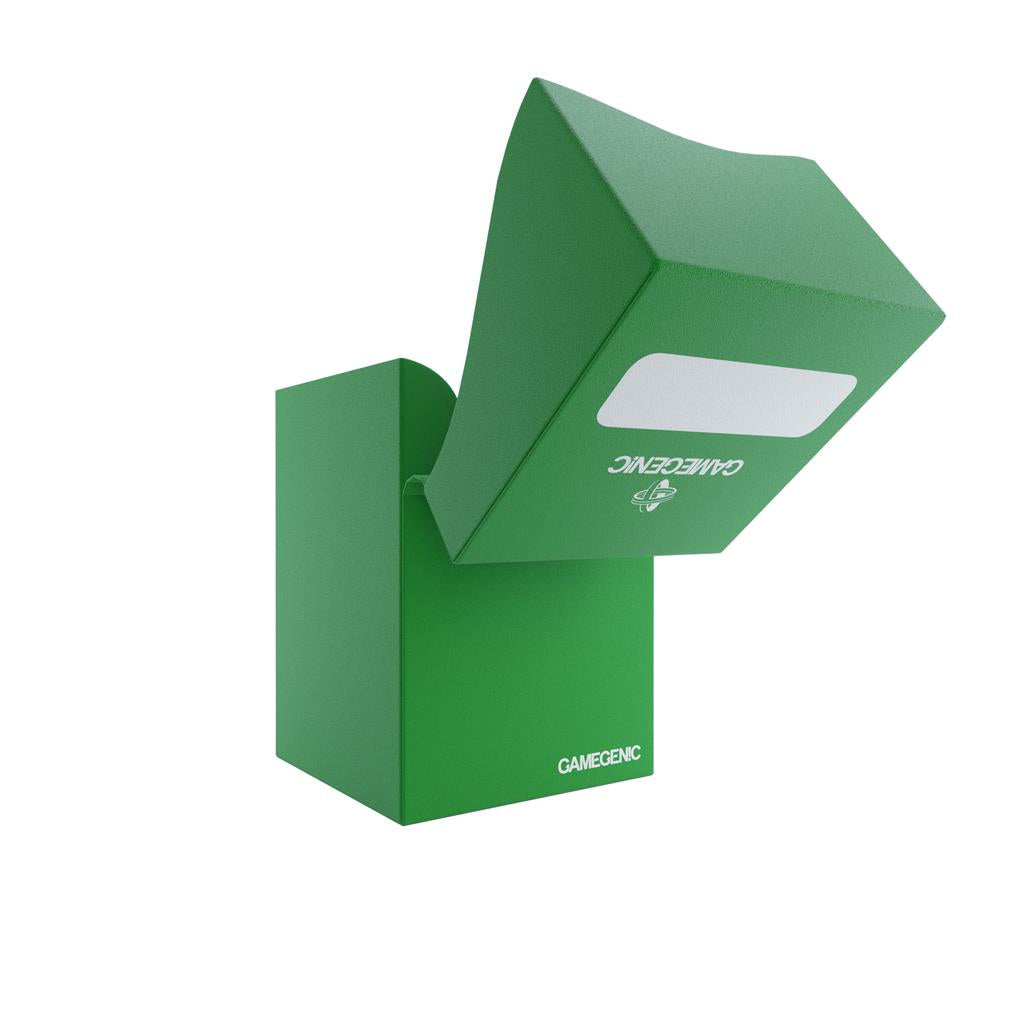 Green Gamegenic Deck Holder 100+ with a flip-top lid, designed for storing and protecting trading cards.
