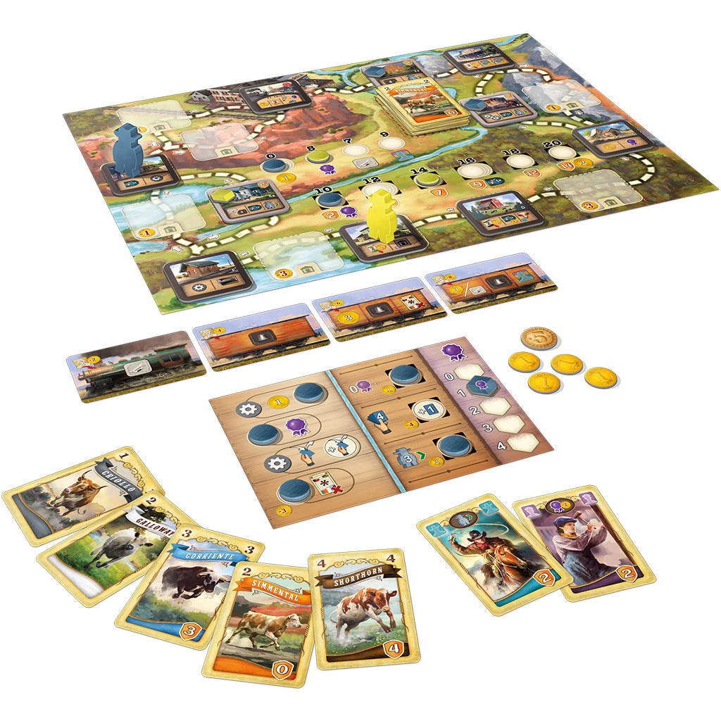 Great Western Trail - El Paso board game setup featuring a colorful game board, player pieces, cards, and tokens.