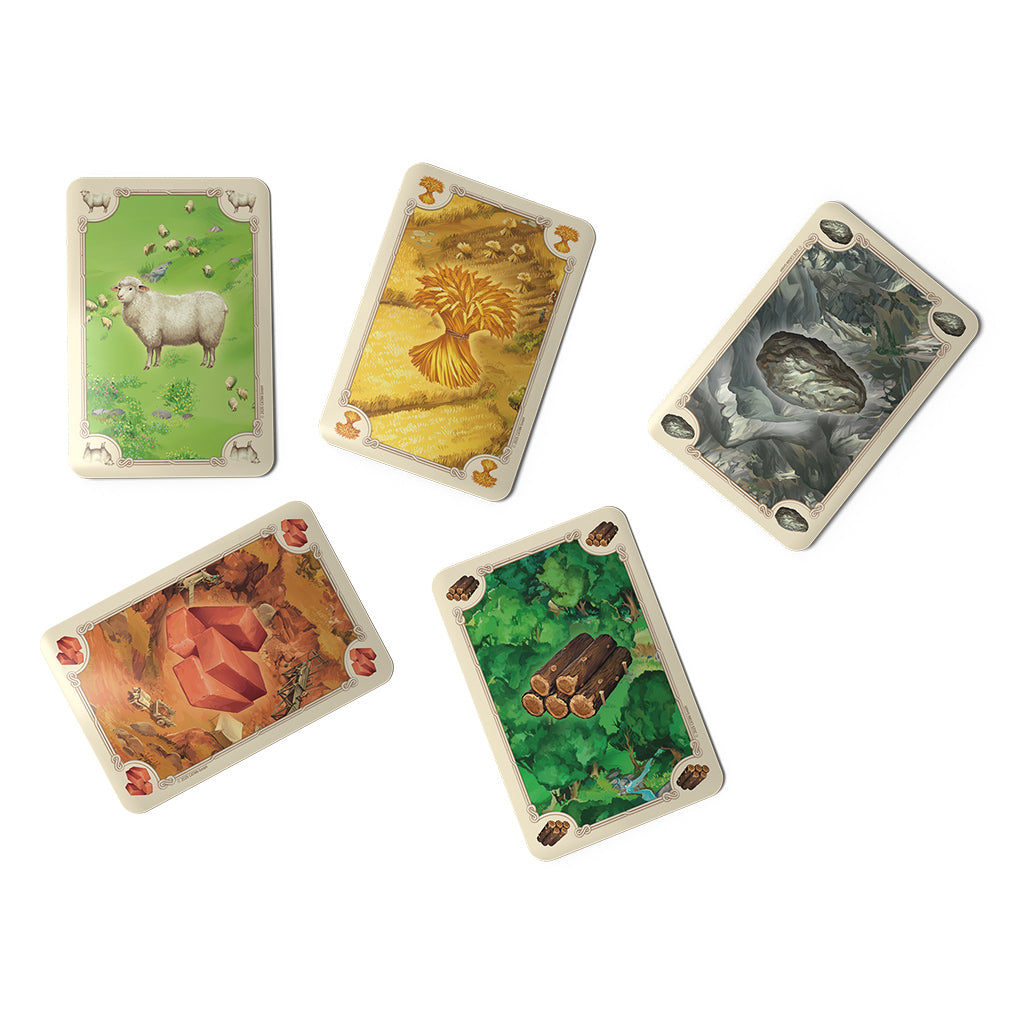 Catan 6th Edition resource cards featuring sheep, wheat, ore, brick, and wood illustrations for strategic gameplay.