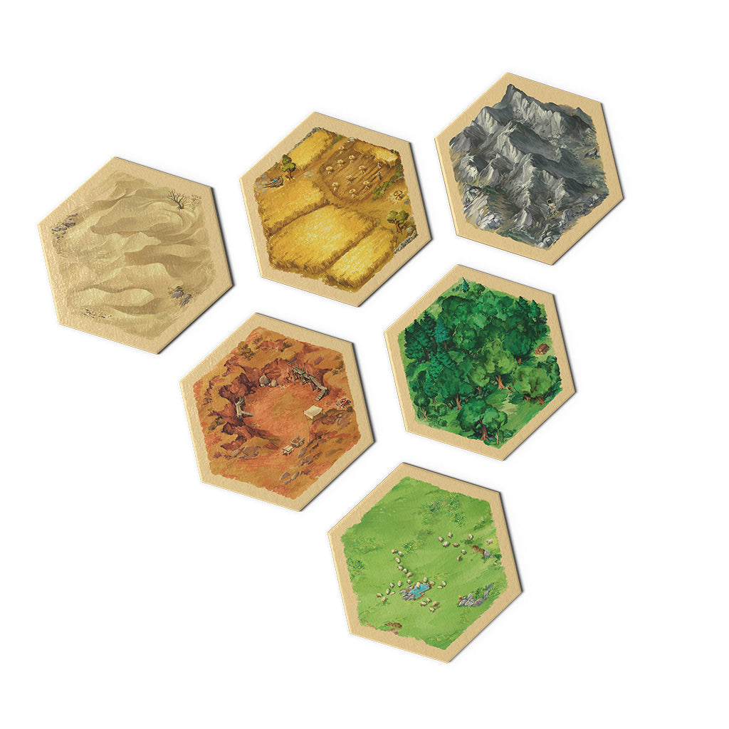 Hexagonal game tiles from Catan 6th Edition featuring various terrains: desert, fields, mountains, hills, forests, and pastures.