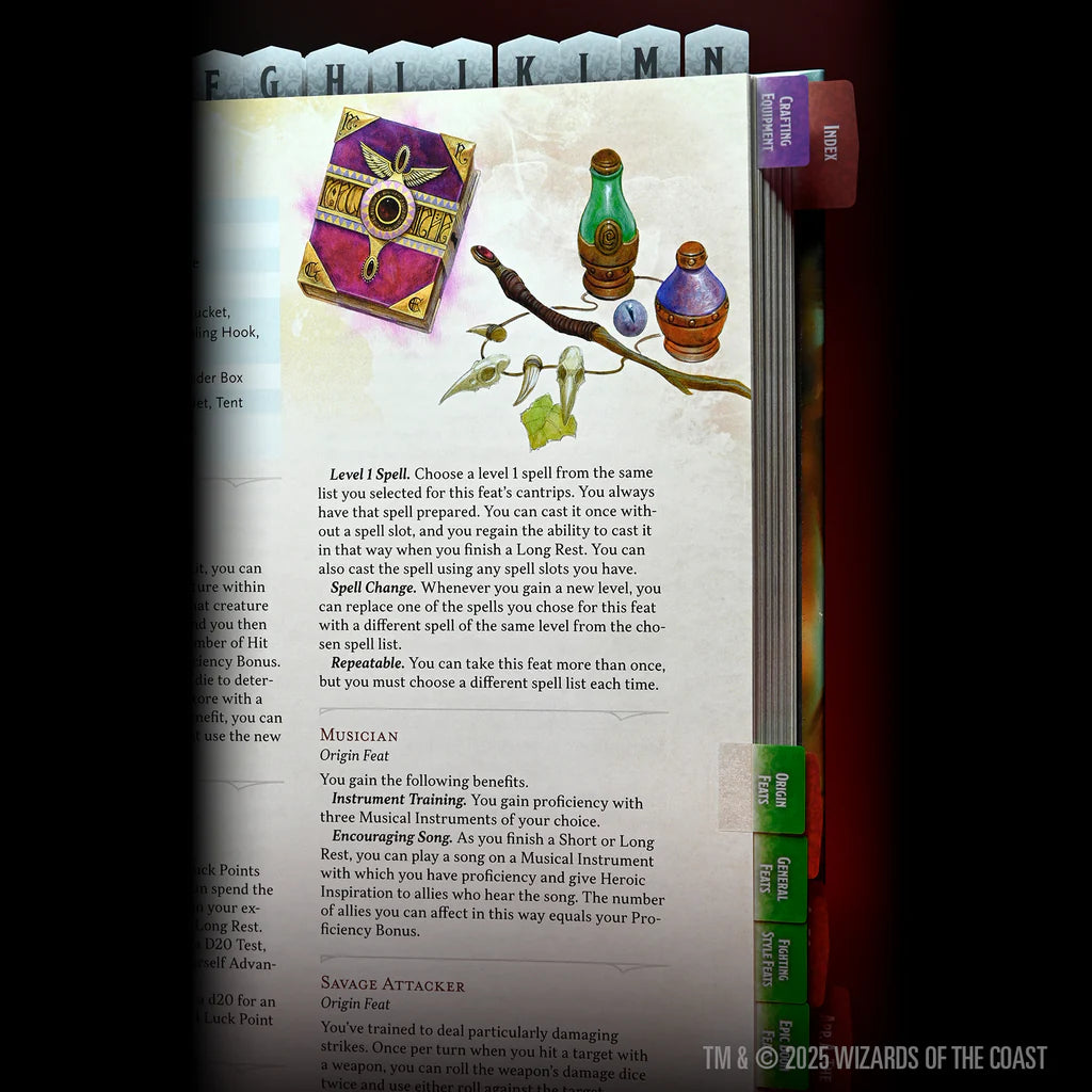 Colorful book tabs for the 2024 Dungeons & Dragons Player's Handbook, featuring illustrations and spell details.