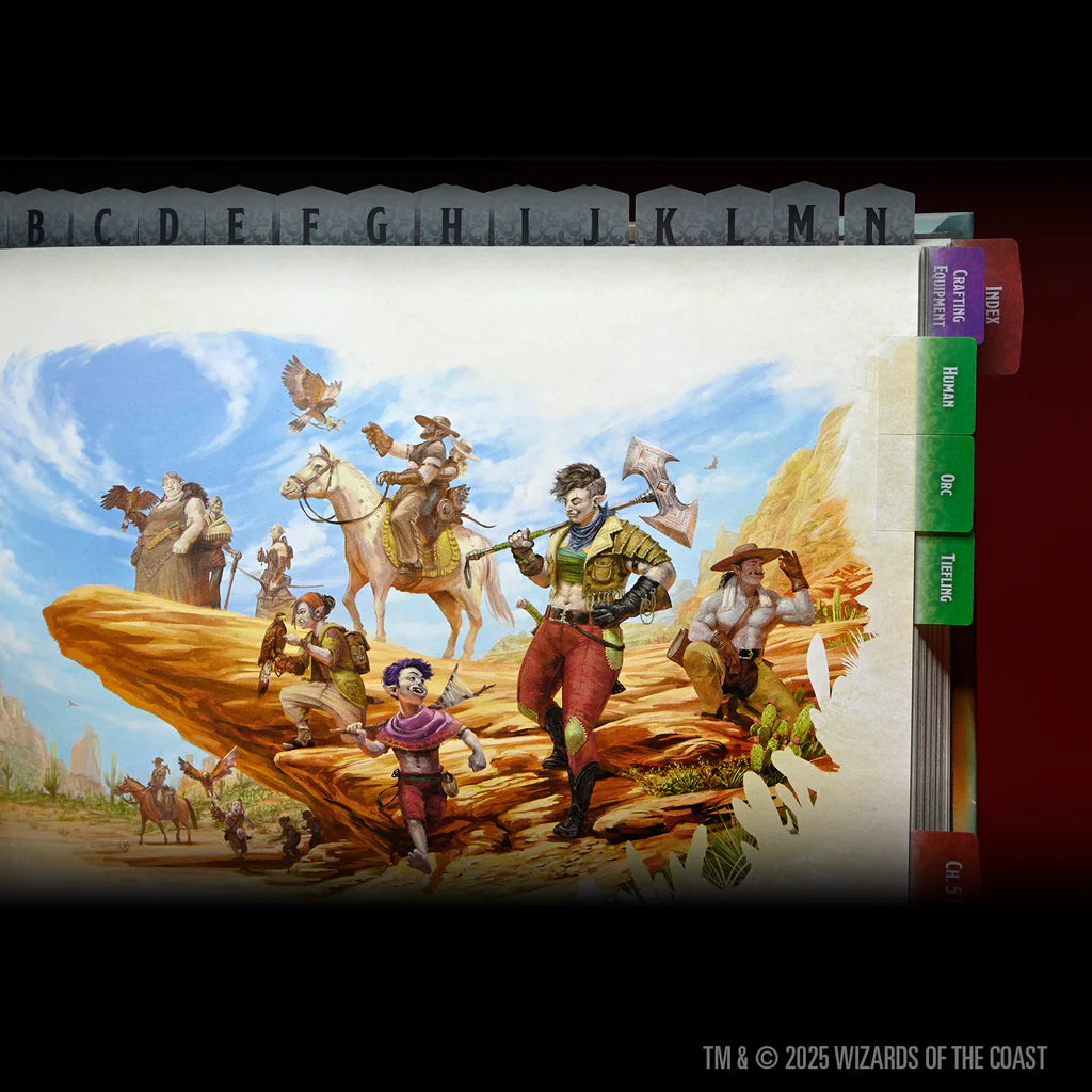 Dungeons & Dragons 2024 Player's Handbook with colorful book tabs, featuring adventurers in a fantasy landscape.