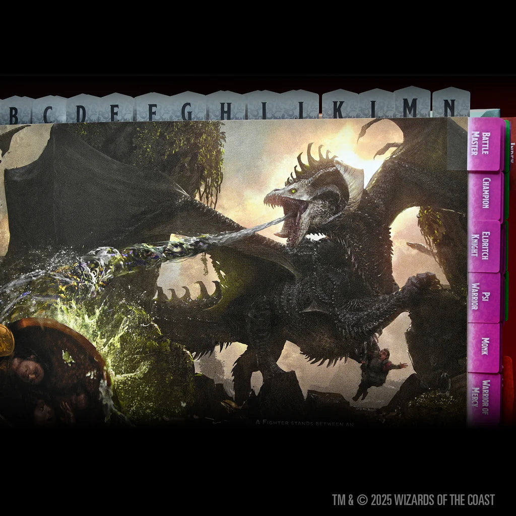 Dungeons & Dragons 2024 Player's Handbook book tabs featuring a dragon illustration and colorful section dividers.