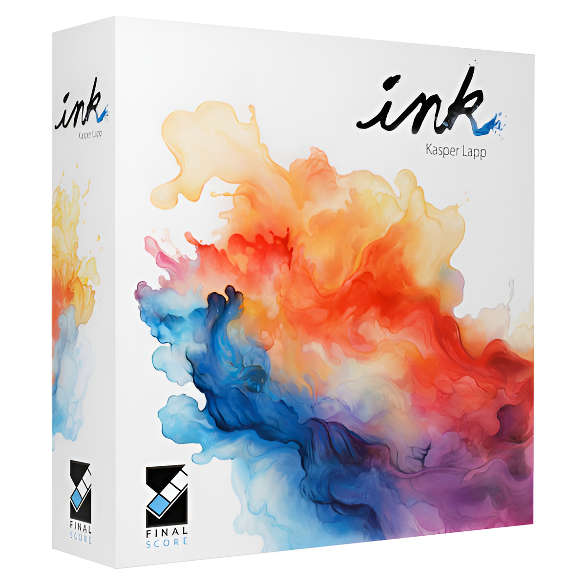 Colorful game box for "Ink" by Kasper Lapp, featuring vibrant, swirling watercolor designs in orange, blue, and red.