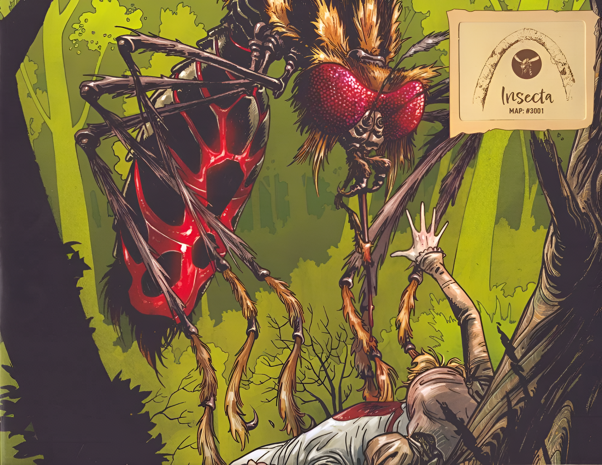 Illustration of a giant insect attacking a person in a forest, featured in the Corps Of Discovery: Expansion 1- Insecta game.