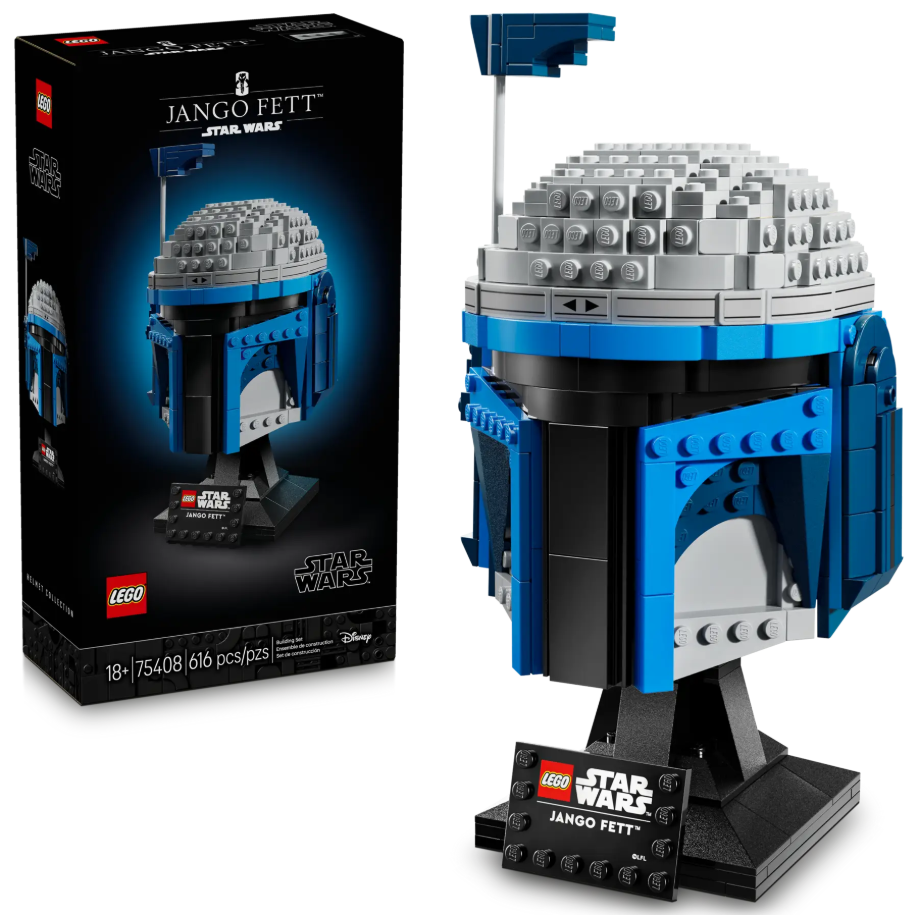 LEGO Star Wars Jango Fett Helmet set 75408, featuring a detailed helmet model and display stand, with box.