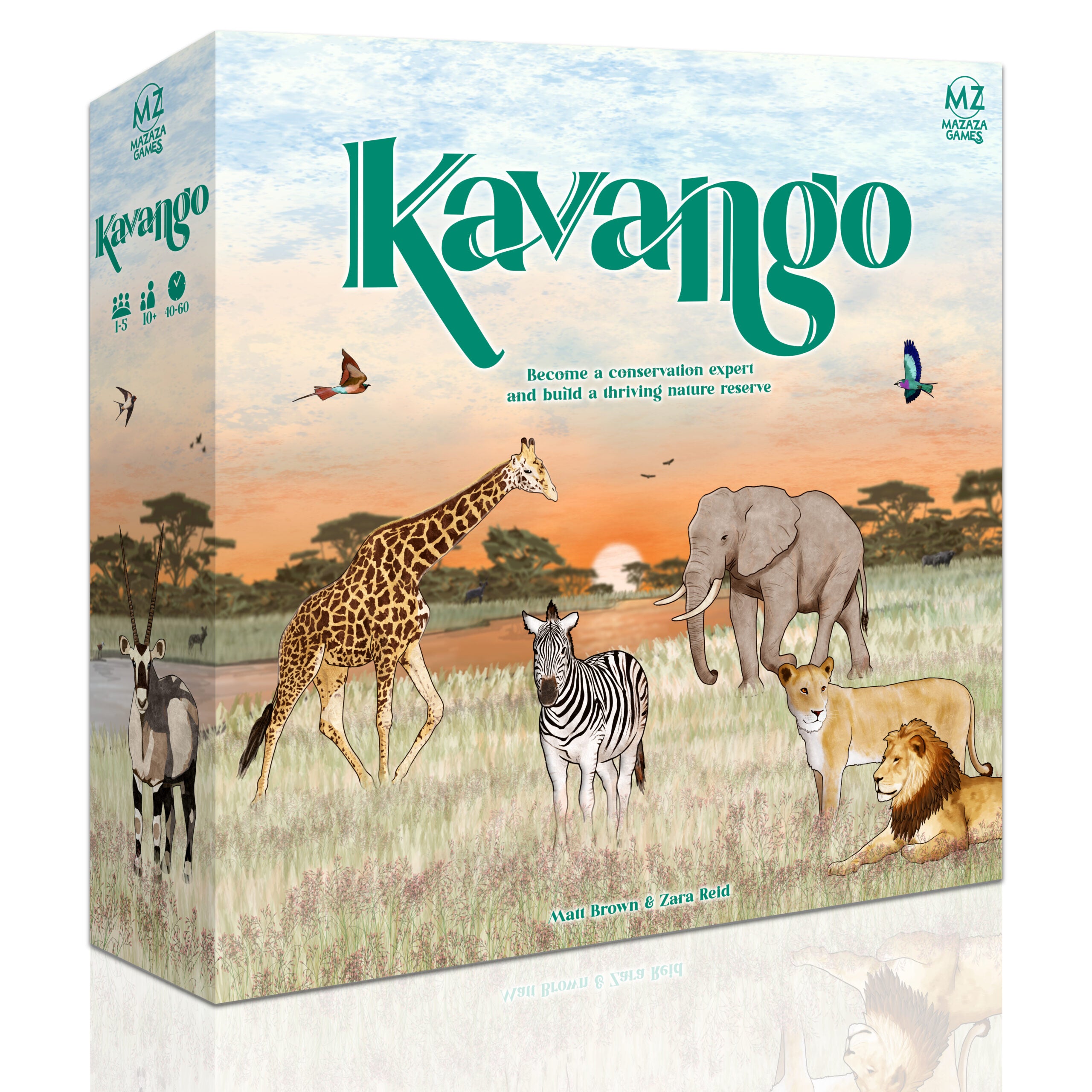 Kavango board game box featuring wildlife illustrations like giraffes, elephants, zebras, and lions in a natural reserve setting.