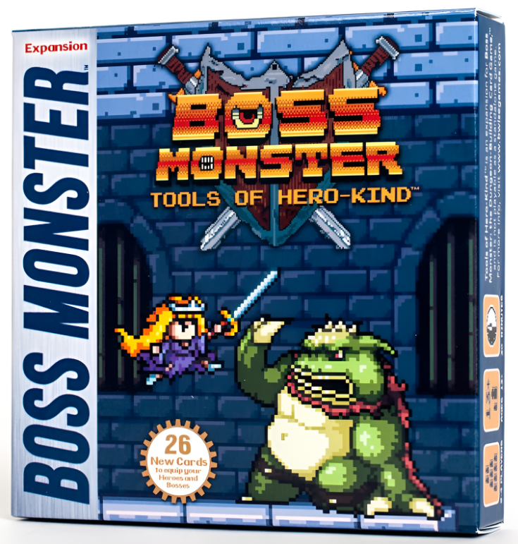 Box for Boss Monster: Tools of Hero-Kind Expansion featuring pixel art of a hero with a sword facing a monster, with text highlighting 26 new cards.