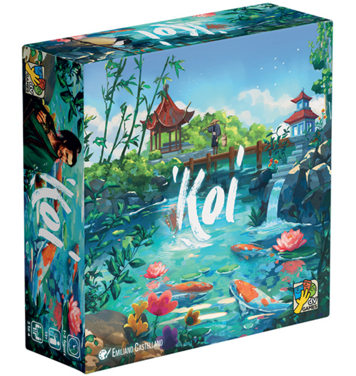 Colorful board game box for Koi featuring serene pond scene with koi fish, lotus flowers, and traditional architecture.
