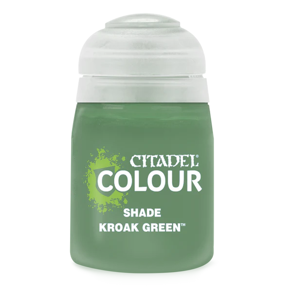 Citadel Colour Shade Paint in Kroak Green, 18ml bottle, designed for enhancing miniature details and textures.